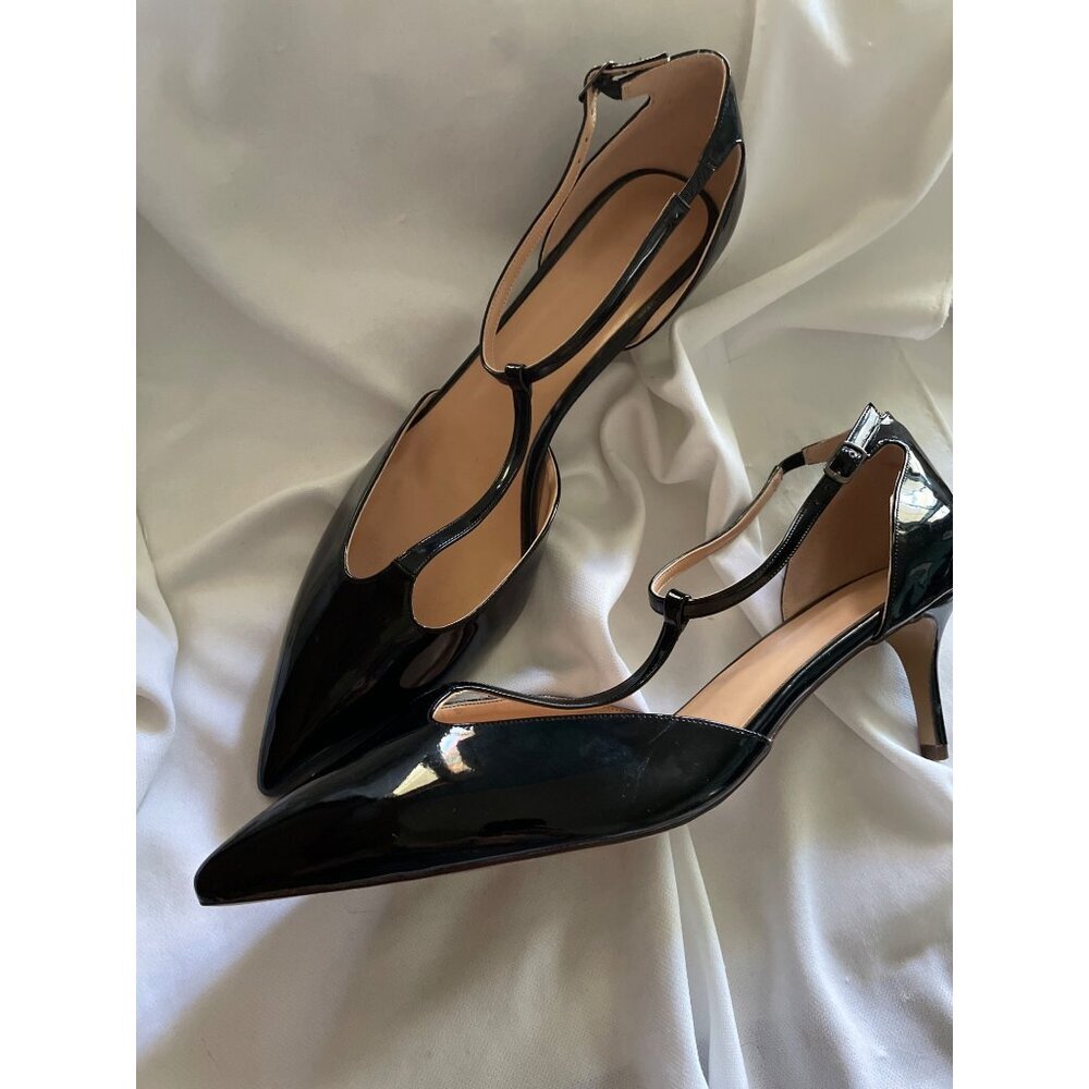 Womens Black Patent Leather Pointed Toe T-Strap Heels Size US 11 / EU 46